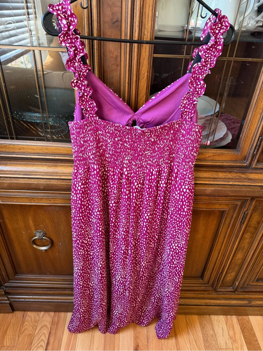 Women’s Pink Printed Knee-length Dress Ruffle Straps